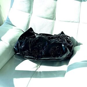 Chanel Black Patent Leather Hobo Bag with Floral Embossment, original box.